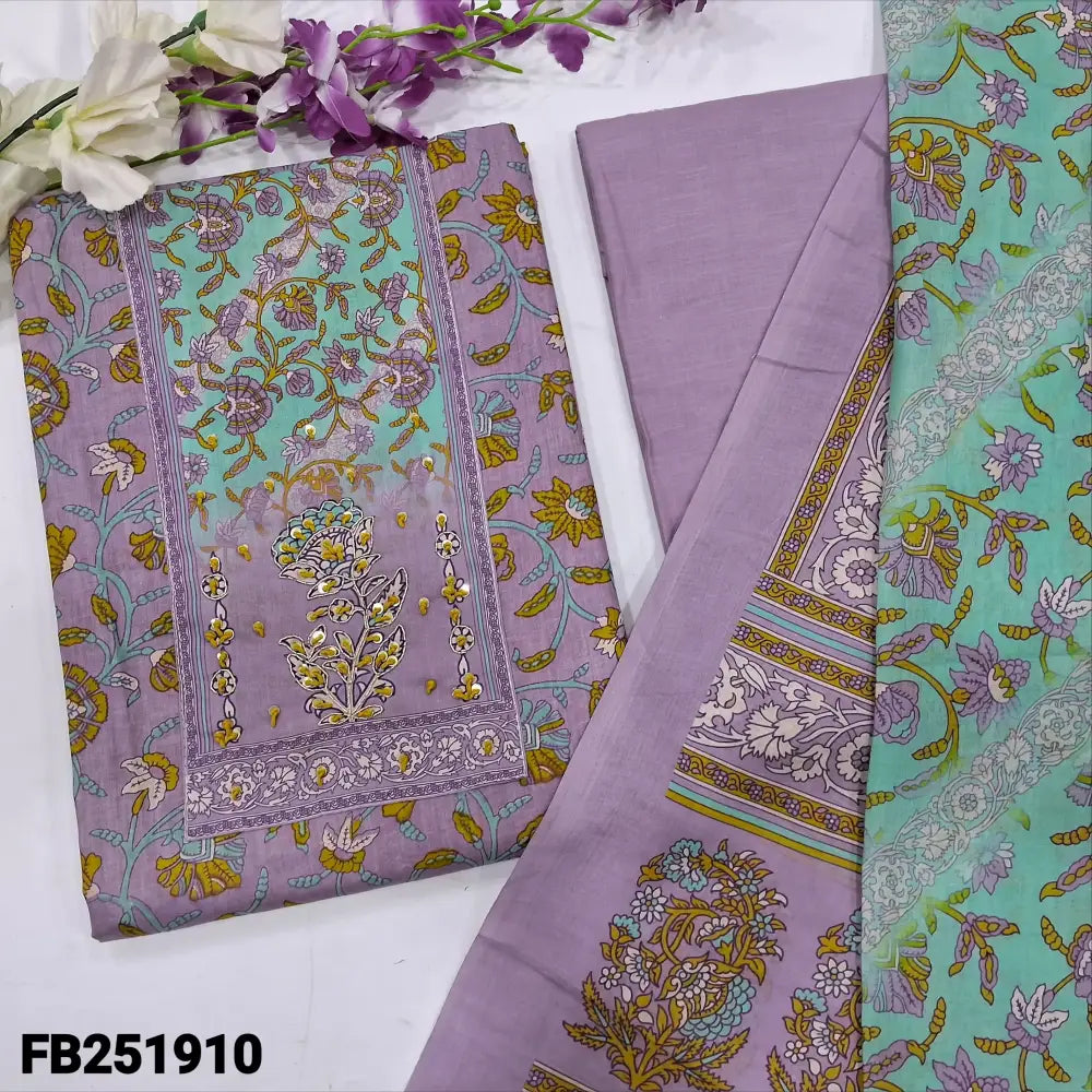 CODE FB251910: Light purple printed soft cotton unstitched salwar material zardozi& thread work on yoke(lining