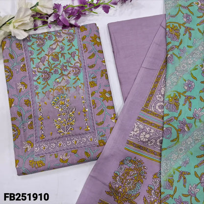 CODE FB251910: Light purple printed soft cotton unstitched salwar material zardozi& thread work on yoke(lining