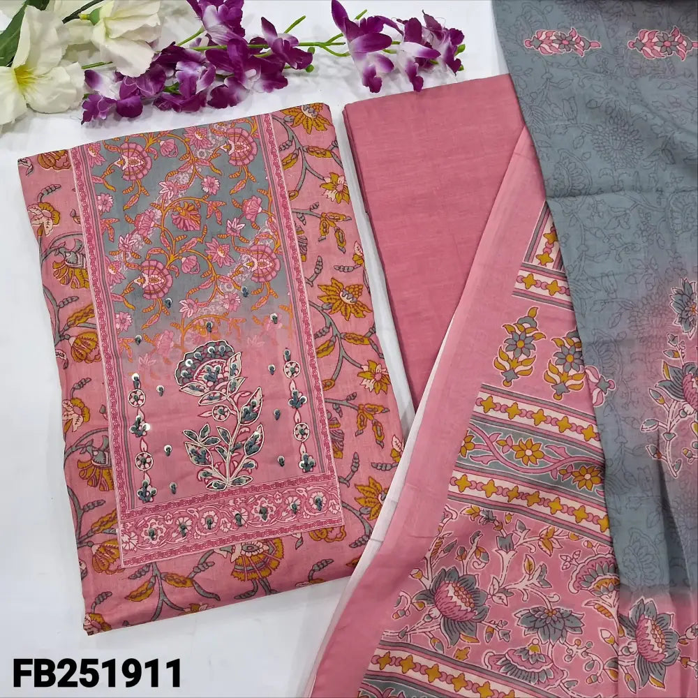 CODE FB251911: Peachish pink printed soft cotton unstitched salwar material zardozi& thread work on yoke(lining
