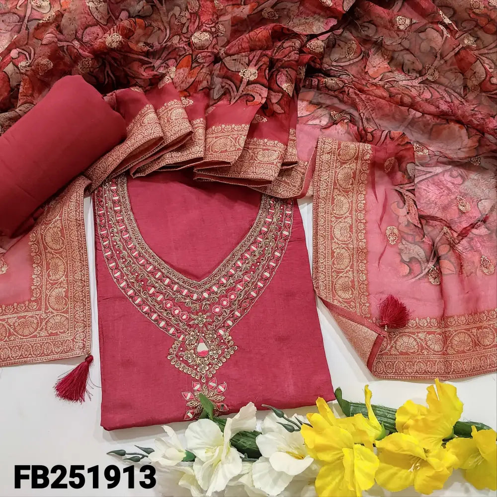 CODE FB251913: Pink designer pure dola silk unstitched salwar material v neck with heavy work(shiny fabric lining