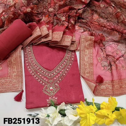 CODE FB251913: Pink designer pure dola silk unstitched salwar material v neck with heavy work(shiny fabric lining
