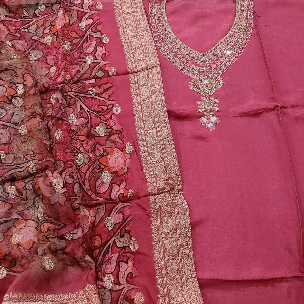 CODE FB251913: Pink designer pure dola silk unstitched salwar material v neck with heavy work(shiny fabric lining