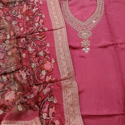 CODE FB251913: Pink designer pure dola silk unstitched salwar material v neck with heavy work(shiny fabric lining
