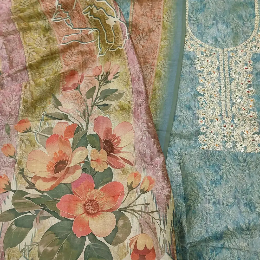 CODE FB251914: Bluish grey digital printed fancy silk cotton unstitched salwar material rich zari work on yoke(thin