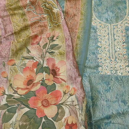 CODE FB251914: Bluish grey digital printed fancy silk cotton unstitched salwar material rich zari work on yoke(thin