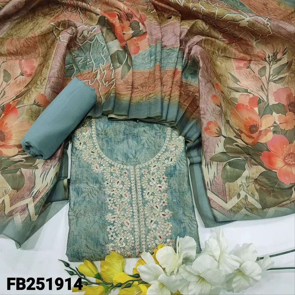 CODE FB251914: Bluish grey digital printed fancy silk cotton unstitched salwar material rich zari work on yoke(thin