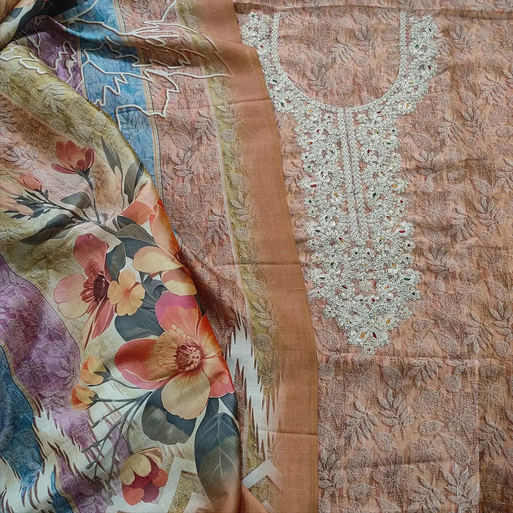 CODE FB251915: Peach digital printed fancy silk cotton unstitched salwar material rich zari work on yoke(thin fabric