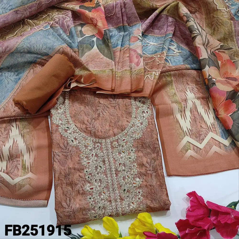 CODE FB251915: Peach digital printed fancy silk cotton unstitched salwar material rich zari work on yoke(thin fabric