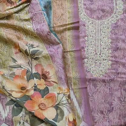 CODE FB251916: Light purple digital printed fancy silk cotton unstitched salwar material rich zari work on yoke(thin