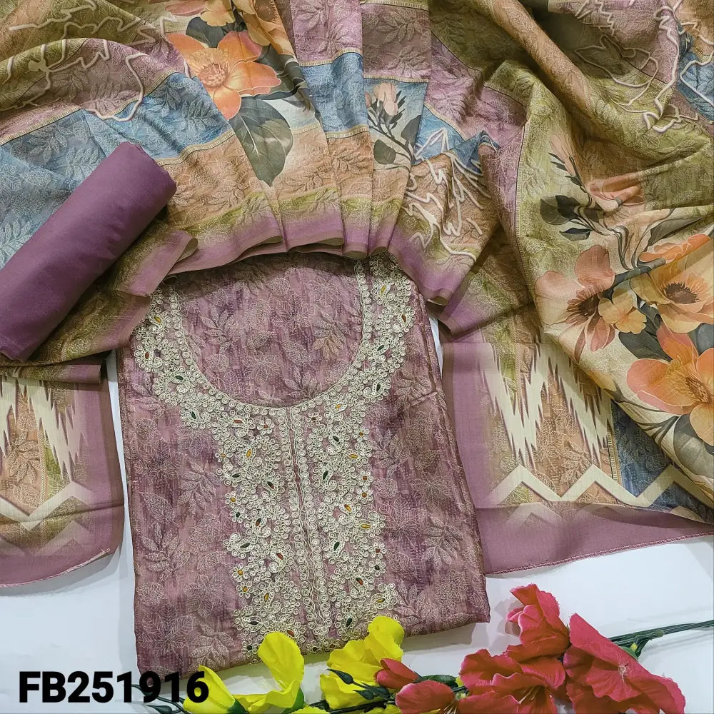 CODE FB251916: Light purple digital printed fancy silk cotton unstitched salwar material rich zari work on yoke(thin