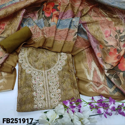 CODE FB251917: Mehandhi green digital printed fancy silk cotton unstitched salwar material rich zari work on yoke(thin