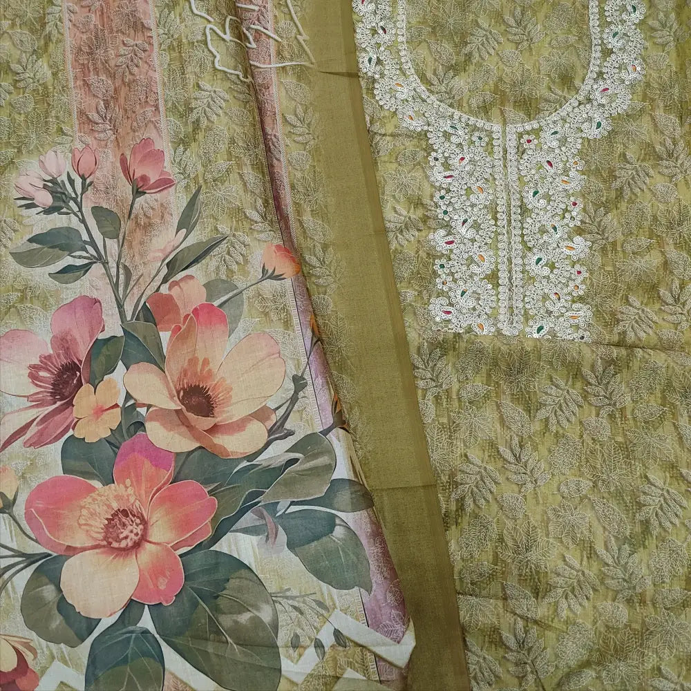 CODE FB251917: Mehandhi green digital printed fancy silk cotton unstitched salwar material rich zari work on yoke(thin