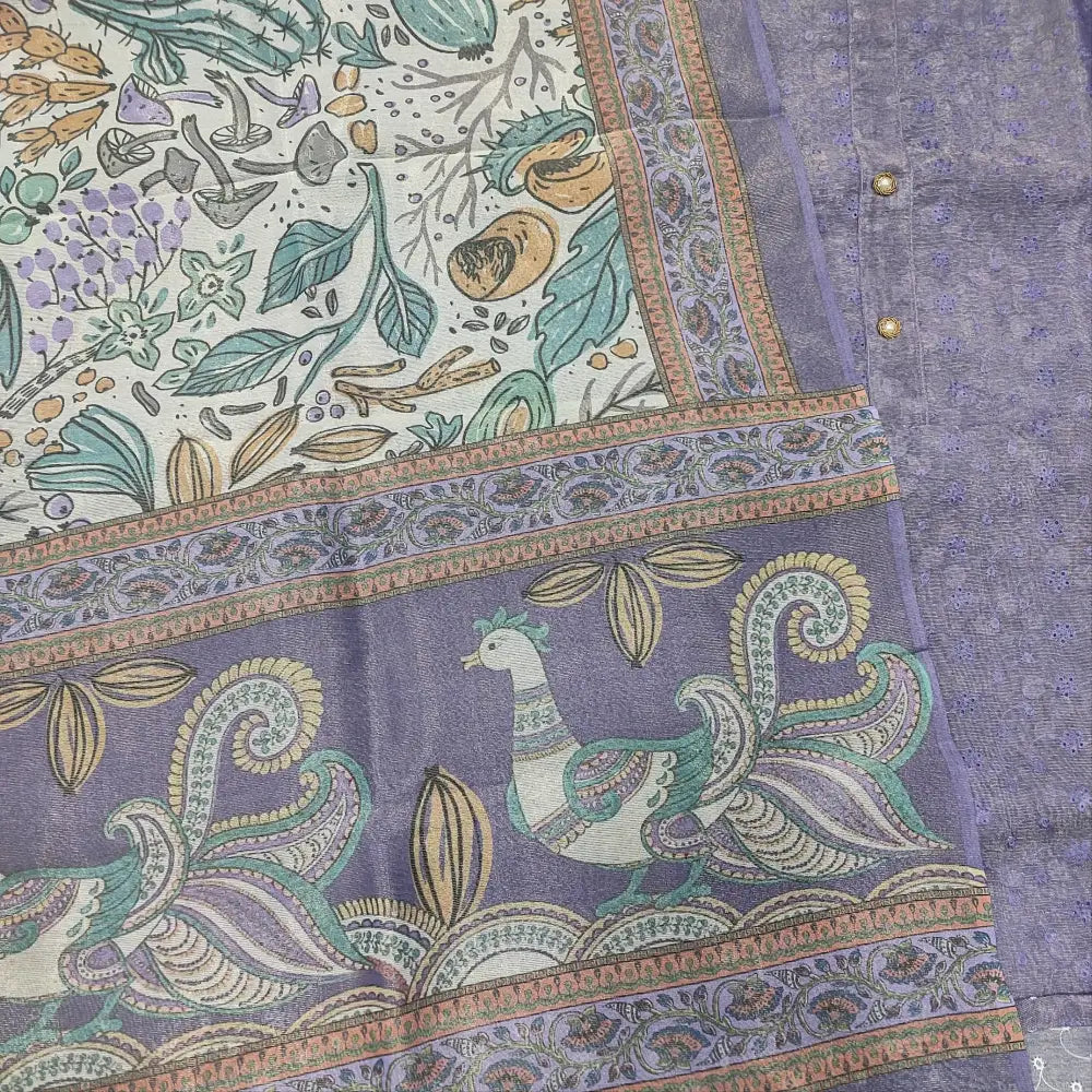 CODE FB251918: Purple schiffli embroidered tissue silk cotton unstitched salwar material fancy buttons on yoke(thin