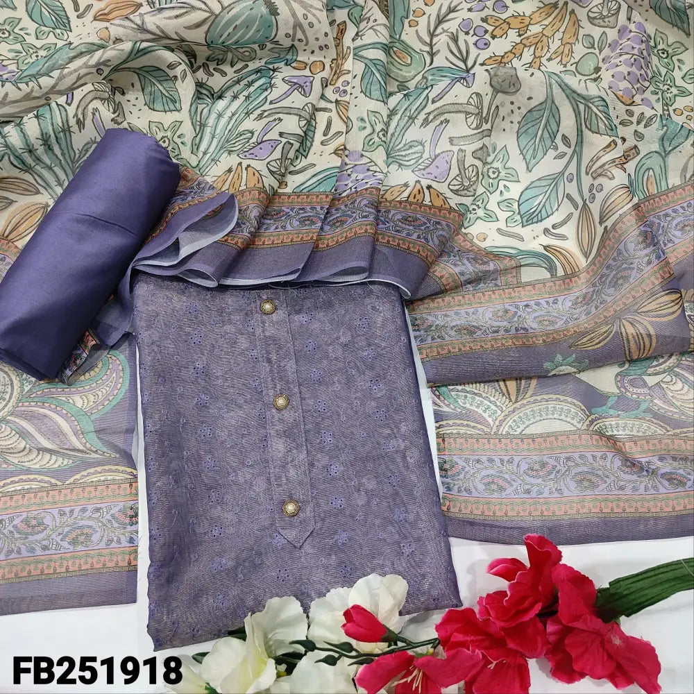 CODE FB251918: Purple schiffli embroidered tissue silk cotton unstitched salwar material fancy buttons on yoke(thin
