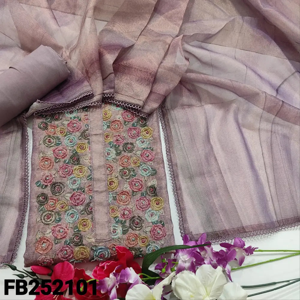 CODE FB252101: Light purple digital printed premium tissue silk cotton unstitched salwar material floral printed yoke