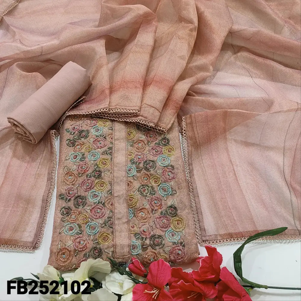 CODE FB252102: Pale pink digital printed premium tissue silk cotton unstitched salwar material floral printed yoke