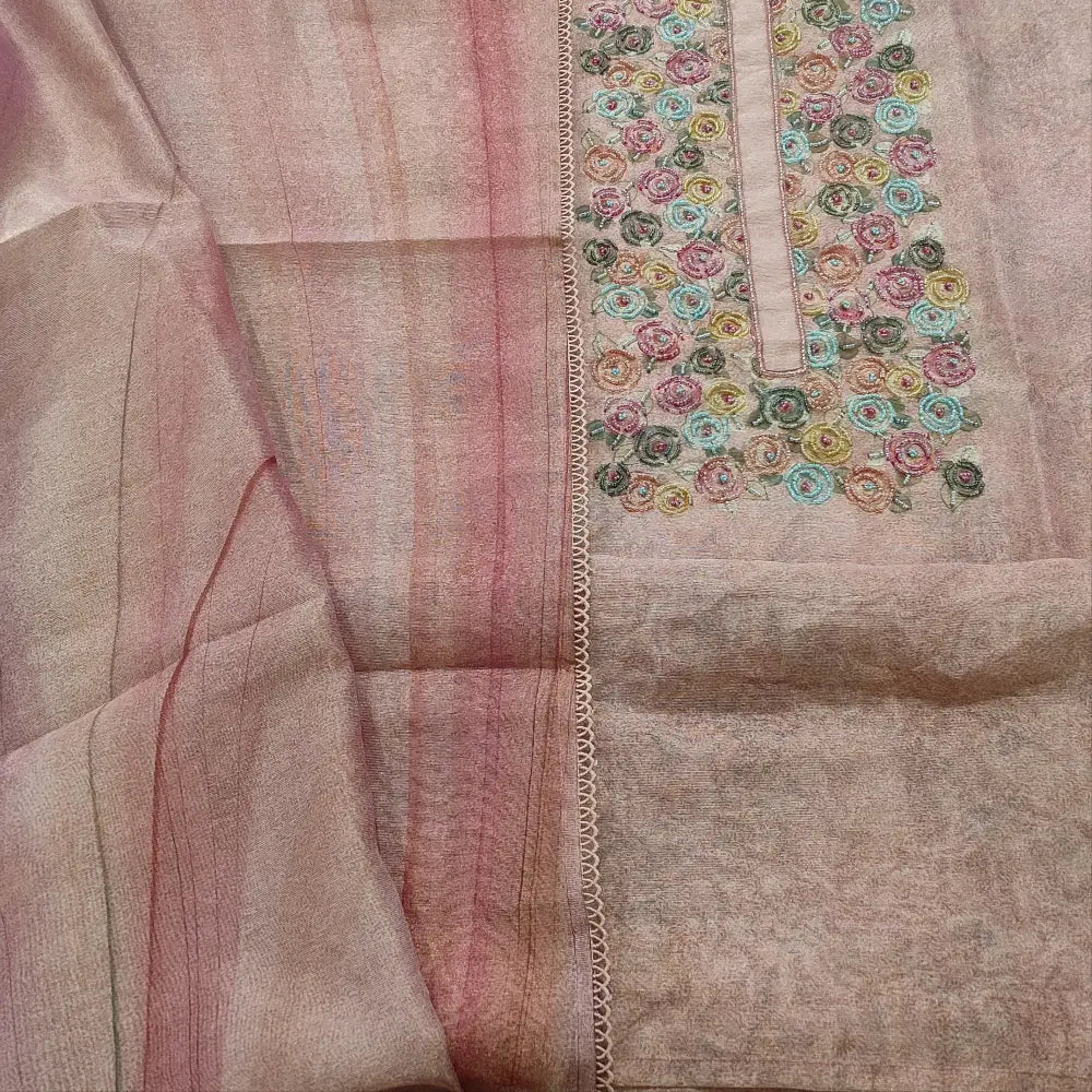 CODE FB252102: Pale pink digital printed premium tissue silk cotton unstitched salwar material floral printed yoke