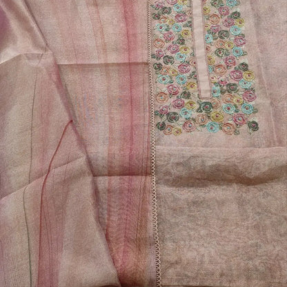 CODE FB252102: Pale pink digital printed premium tissue silk cotton unstitched salwar material floral printed yoke
