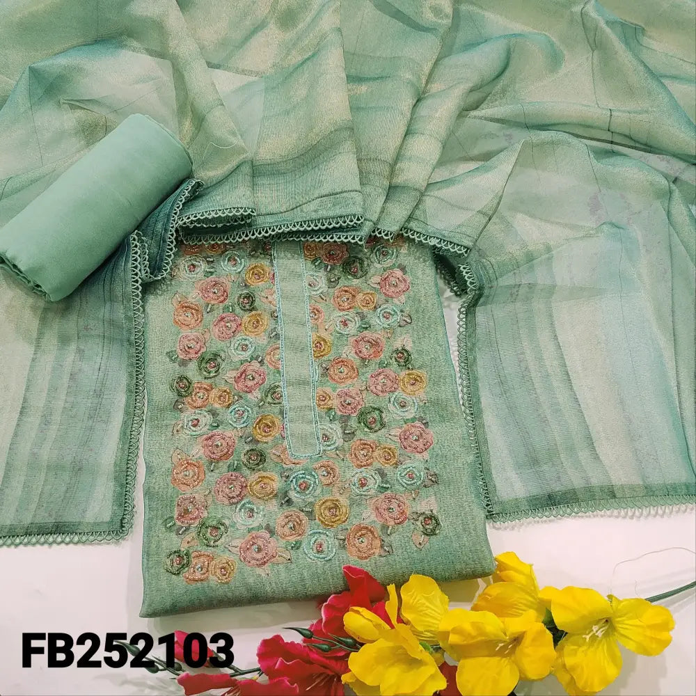 CODE FB252103: Pastel blue digital printed premium tissue silk cotton unstitched salwar material floral printed yoke