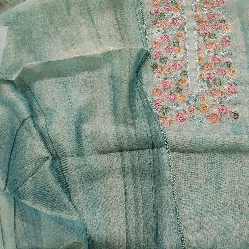 CODE FB252103: Pastel blue digital printed premium tissue silk cotton unstitched salwar material floral printed yoke