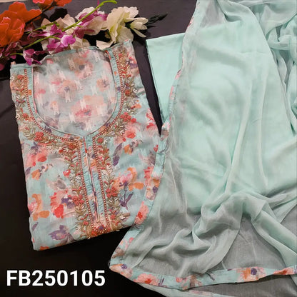 CODE FB252105: Pastel blue floral printed malai jakard cotton unstitched salwar material bead& zardozi work