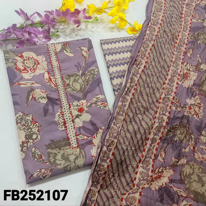 CODE FB252107: Purple floral printed soft cotton unstitched salwar material hand embroidered on yoke(lining
