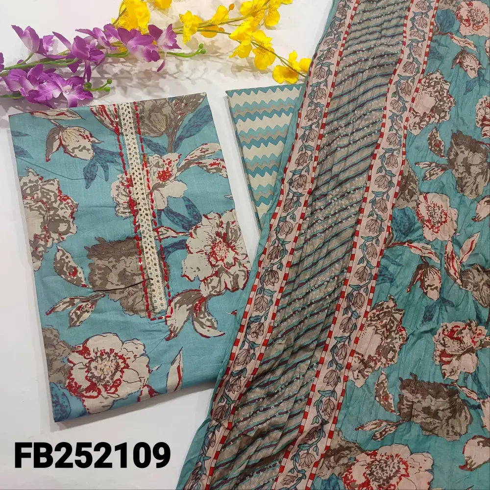 CODE FB252109: Greyish blue floral printed soft cotton unstitched salwar material hand embroidered on yoke(lining