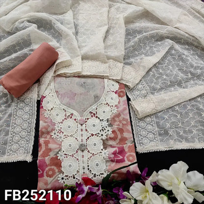 CODE FB252110: Floral printed pure cotton unstitched salwar material fancy lace& real mirror work on yoke(lining