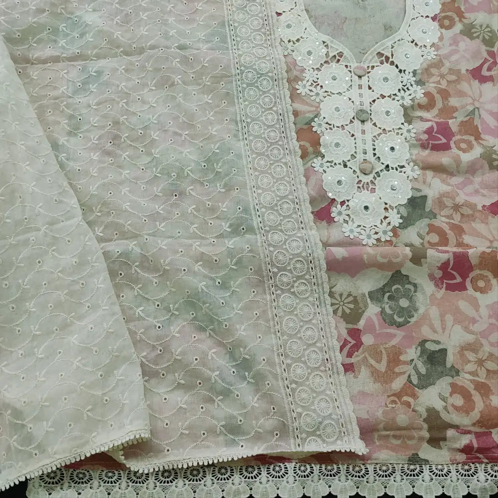 CODE FB252110: Floral printed pure cotton unstitched salwar material fancy lace& real mirror work on yoke(lining