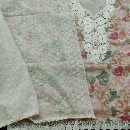 CODE FB252110: Floral printed pure cotton unstitched salwar material fancy lace& real mirror work on yoke(lining