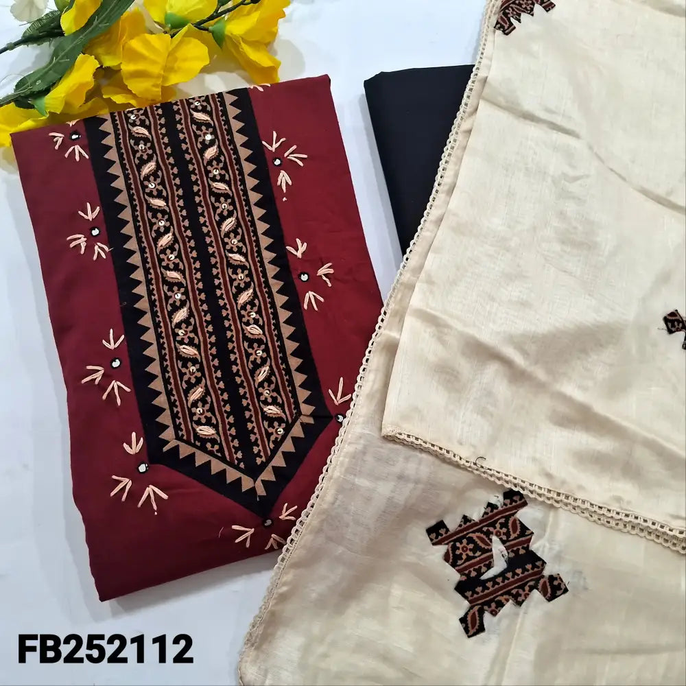 CODE FB252112: Maroon soft cotton unstitched salwar material ajrak yoke patch with thread& faux mirror(lining