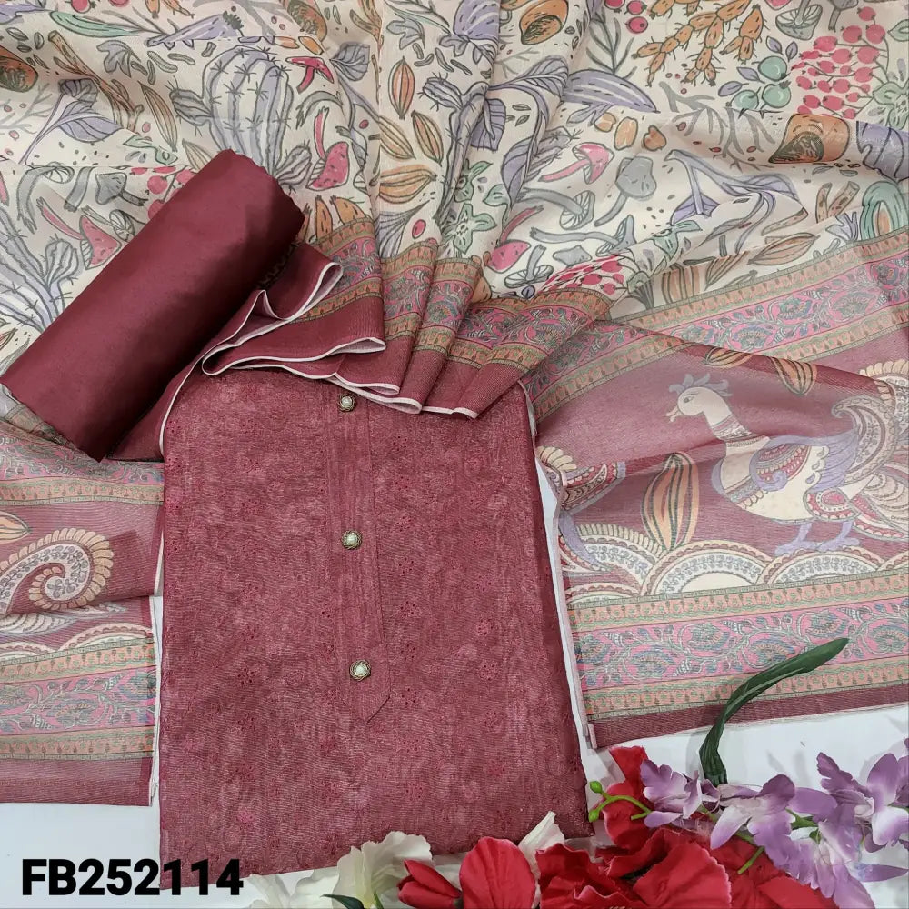 CODE FB252114: Pink with golden tint schiffli embroidered tissue silk cotton unstitched salwar material fancy buttons