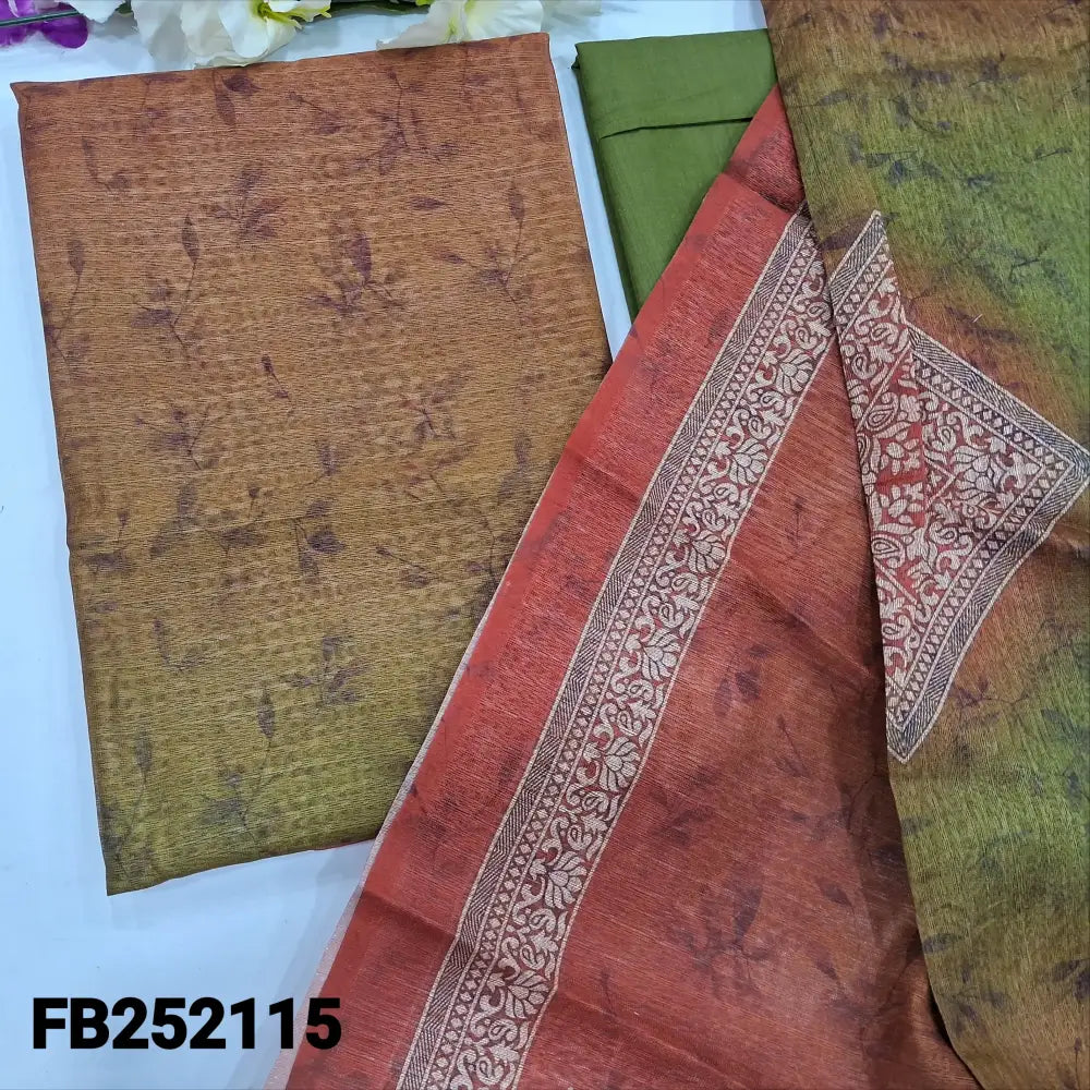 CODE FB252115: Brick red& green digital printed fancy jute silk unstitched salwar material(thin fabric lining