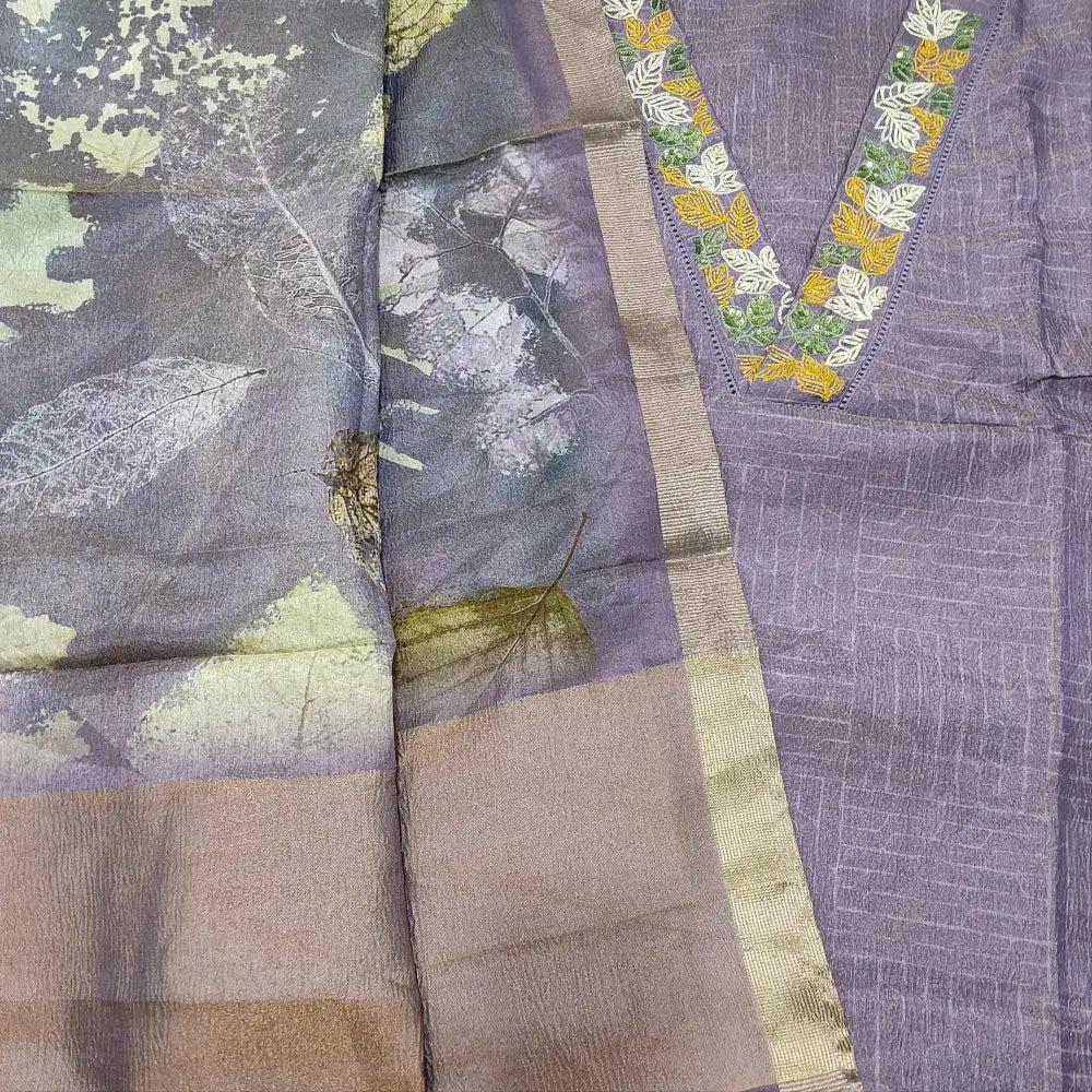 CODE FB252201: Light purple with golden tint crinkled tissue silk cotton unstitched salwar material v neck with bead&
