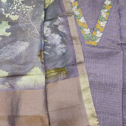 CODE FB252201: Light purple with golden tint crinkled tissue silk cotton unstitched salwar material v neck with bead&