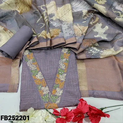 CODE FB252201: Light purple with golden tint crinkled tissue silk cotton unstitched salwar material v neck with bead&