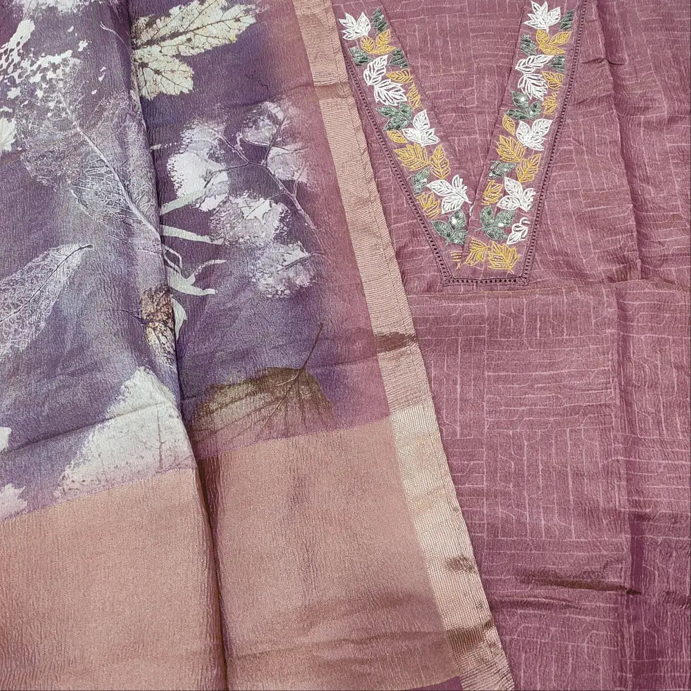 CODE FB252202: Dark onion pink with golden tint crinkled tissue silk cotton unstitched salwar material v neck