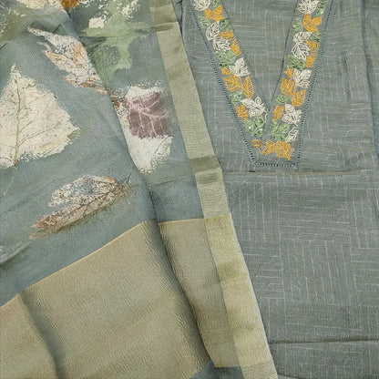 CODE FB252203: Grey with golden tint crinkled tissue silk cotton unstitched salwar material v neck with bead& sequins