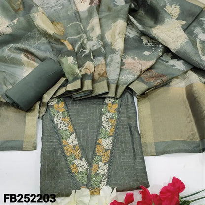 CODE FB252203: Grey with golden tint crinkled tissue silk cotton unstitched salwar material v neck with bead& sequins