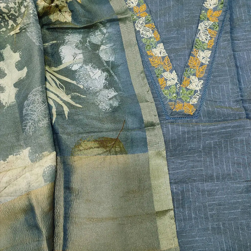 CODE FB252204: Blue with golden tint crinkled tissue silk cotton unstitched salwar material v neck with bead& sequins