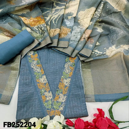 CODE FB252204: Blue with golden tint crinkled tissue silk cotton unstitched salwar material v neck with bead& sequins