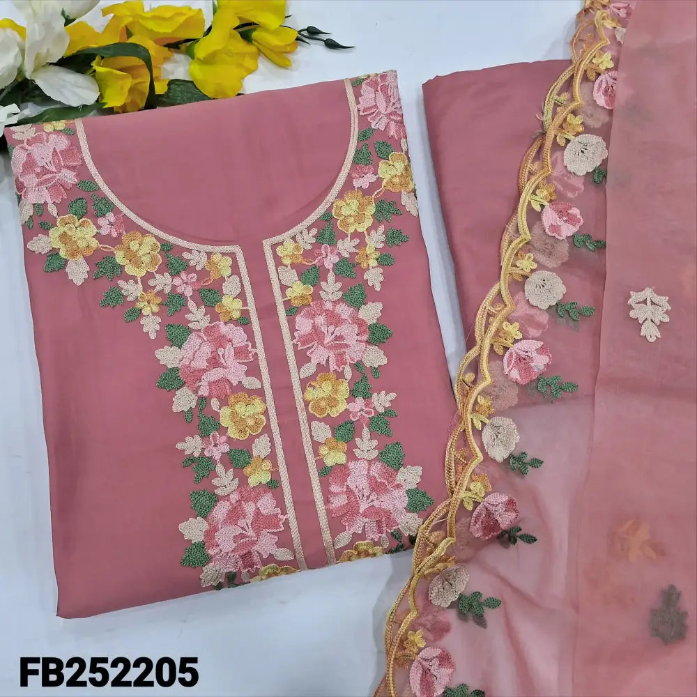 CODE FB252205: Pink soft silk cotton unstitched salwar material cross stitch embroidered on yoke& front(lining