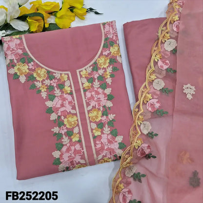 CODE FB252205: Pink soft silk cotton unstitched salwar material cross stitch embroidered on yoke& front(lining