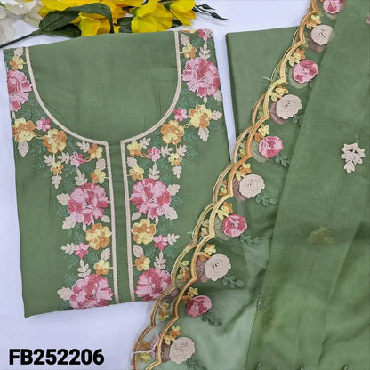 CODE FB252206: Light green soft silk cotton unstitched salwar material cross stitch embroidered on yoke& front(lining
