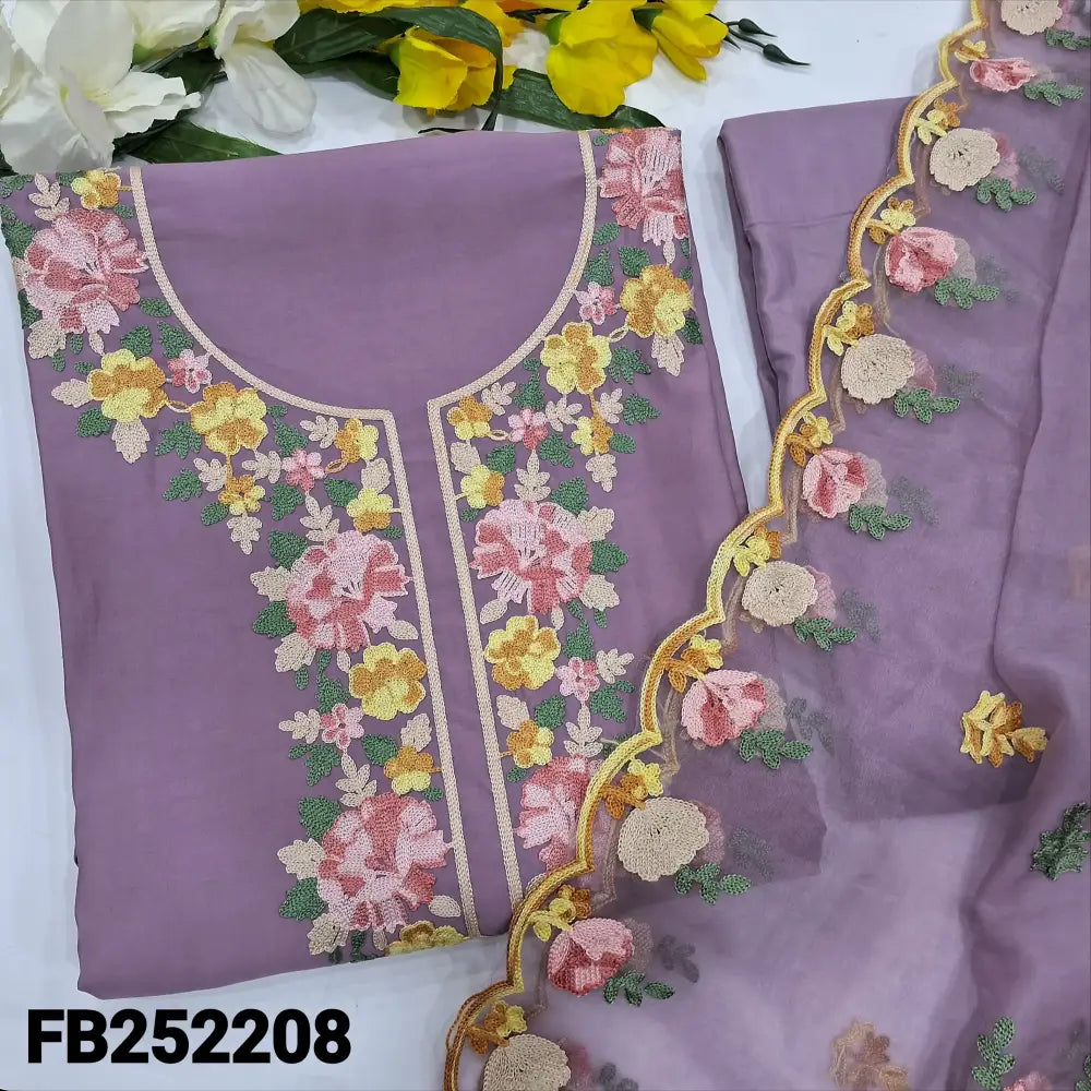 CODE FB252208: Light purple soft silk cotton unstitched salwar material cross stitch embroidered on yoke& front(lining
