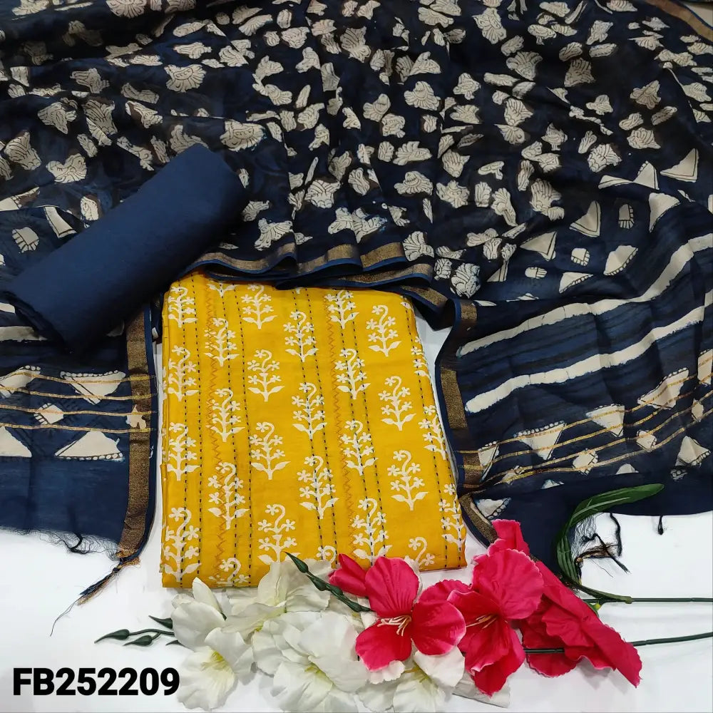CODE FB252209: Mango yellow block printed pure chanderi silk cotton unstitched salwar material embroidered& kantha