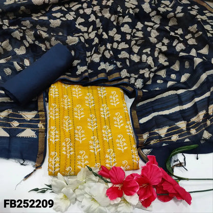 CODE FB252209: Mango yellow block printed pure chanderi silk cotton unstitched salwar material embroidered& kantha