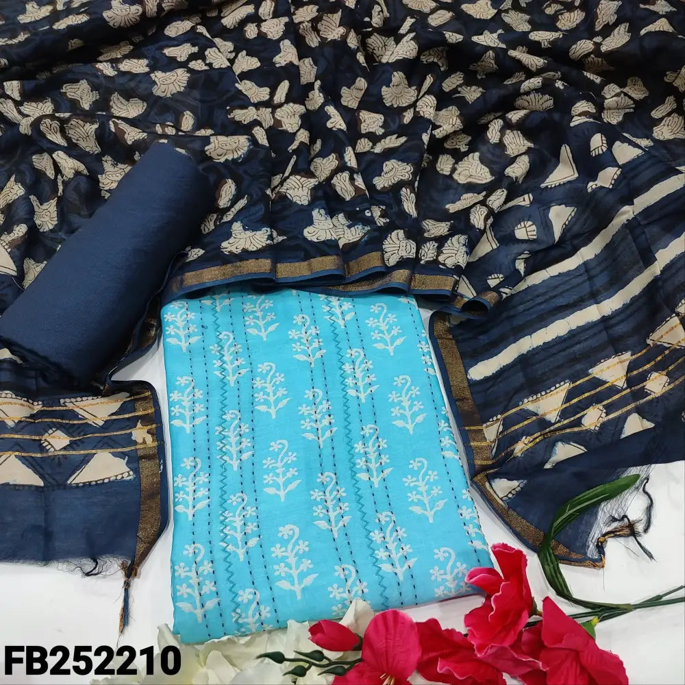 CODE FB252210: Light blue block printed pure chanderi silk cotton unstitched salwar material embroidered& kantha stitch