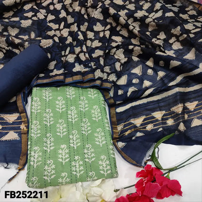 CODE FB252211: Light green block printed pure chanderi silk cotton unstitched salwar material embroidered& kantha