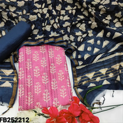 CODE FB252212: Pink block printed pure chanderi silk cotton unstitched salwar material embroidered& kantha stitch